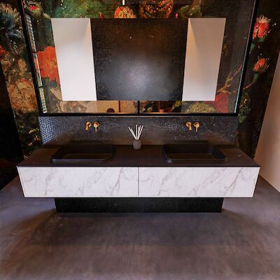 Badkamermeubelset Mondiaz Erin 200 cm met 2 Lades met RIDGE Wastafel Dubbel Urban Zonder Kraangaten Greeploos Mat Carrara