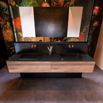 Badkamermeubelset Mondiaz Erin 200 cm met 2 Lades met RIDGE Wastafel Dubbel Urban Zonder Kraangaten Greeploos Mat Dark Brown Grey