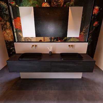 Badkamermeubelset Mondiaz Erin 200 cm met 2 Lades met RIDGE Wastafel Dubbel Urban Zonder Kraangaten Greeploos Mat Dark Brown