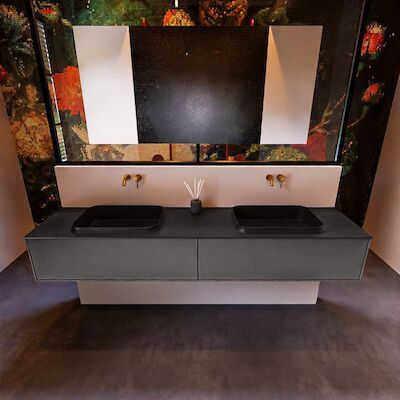 Badkamermeubelset Mondiaz Erin 200 cm met 2 Lades met RIDGE Wastafel Dubbel Urban Zonder Kraangaten Greeploos Mat Dark Grey
