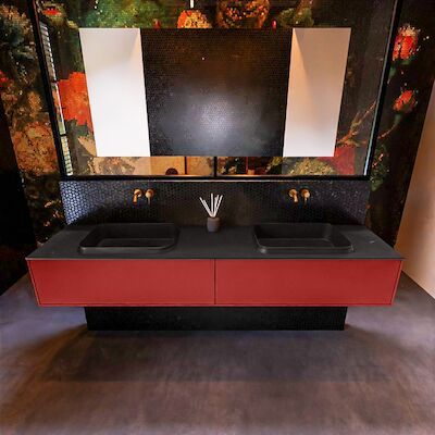 Badkamermeubelset Mondiaz Erin 200 cm met 2 Lades met RIDGE Wastafel Dubbel Urban Zonder Kraangaten Greeploos Mat Fire