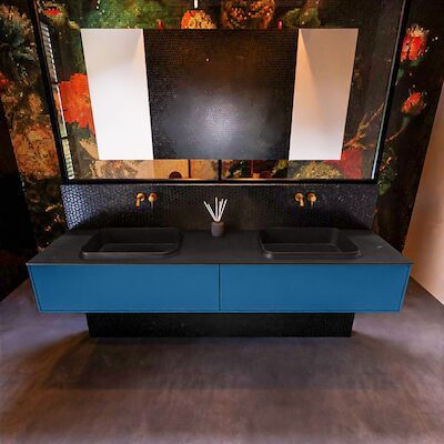 Badkamermeubelset Mondiaz Erin 200 cm met 2 Lades met RIDGE Wastafel Dubbel Urban Zonder Kraangaten Greeploos Mat Jeans