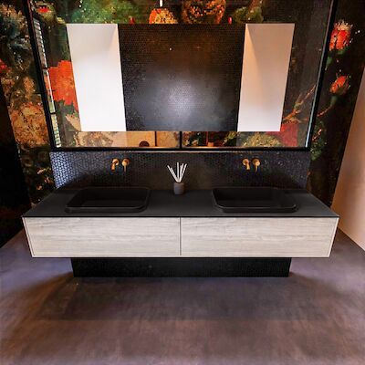 Badkamermeubelset Mondiaz Erin 200 cm met 2 Lades met RIDGE Wastafel Dubbel Urban Zonder Kraangaten Greeploos Mat Light Brown Grey