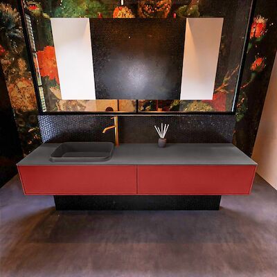 Badkamermeubelset Mondiaz Erin 200 cm met 2 Lades met RIDGE Wastafel Links Dark grey met 1 kraangat Greeploos Mat Fire