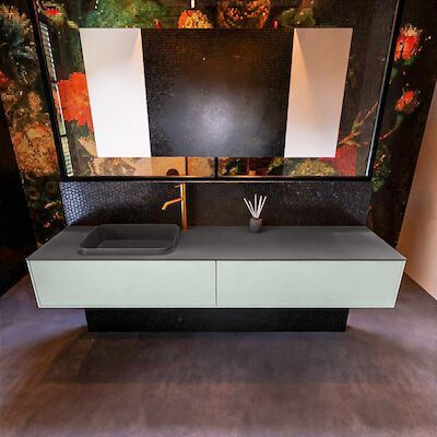 Badkamermeubelset Mondiaz Erin 200 cm met 2 Lades met RIDGE Wastafel Links Dark grey met 1 kraangat Greeploos Mat Greey