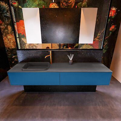 Badkamermeubelset Mondiaz Erin 200 cm met 2 Lades met RIDGE Wastafel Links Dark grey met 1 kraangat Greeploos Mat Jeans