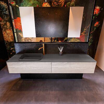 Badkamermeubelset Mondiaz Erin 200 cm met 2 Lades met RIDGE Wastafel Links Dark grey met 1 kraangat Greeploos Mat Light Brown Grey