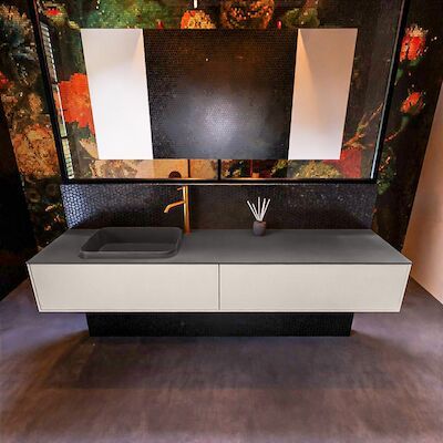 Badkamermeubelset Mondiaz Erin 200 cm met 2 Lades met RIDGE Wastafel Links Dark grey met 1 kraangat Greeploos Mat Linen