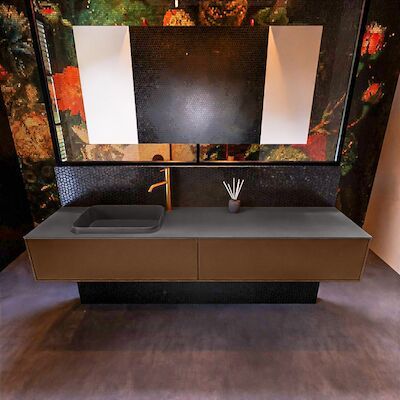 Badkamermeubelset Mondiaz Erin 200 cm met 2 Lades met RIDGE Wastafel Links Dark grey met 1 kraangat Greeploos Mat Rust