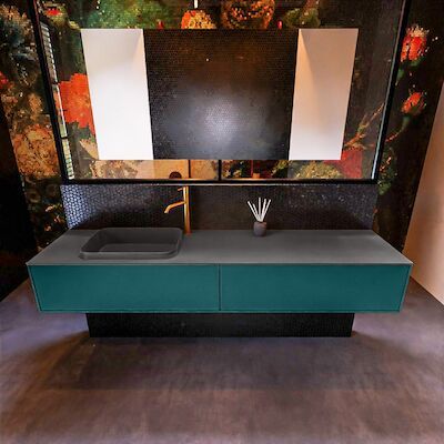 Badkamermeubelset Mondiaz Erin 200 cm met 2 Lades met RIDGE Wastafel Links Dark grey met 1 kraangat Greeploos Mat Smag