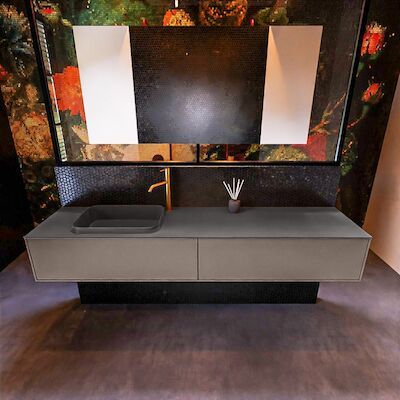 Badkamermeubelset Mondiaz Erin 200 cm met 2 Lades met RIDGE Wastafel Links Dark grey met 1 kraangat Greeploos Mat Smoke