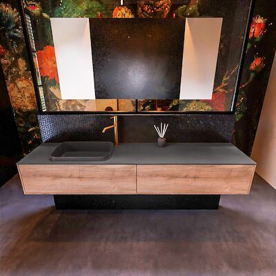 Badkamermeubelset Mondiaz Erin 200 cm met 2 Lades met RIDGE Wastafel Links Dark grey met 1 kraangat Greeploos Mat Washed Oak