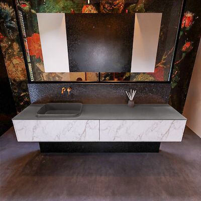 Badkamermeubelset Mondiaz Erin 200 cm met 2 Lades met RIDGE Wastafel Links Dark grey Zonder Kraangaten Greeploos Mat Carrara