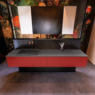 Badkamermeubelset Mondiaz Erin 200 cm met 2 Lades met RIDGE Wastafel Links Dark grey Zonder Kraangaten Greeploos Mat Fire