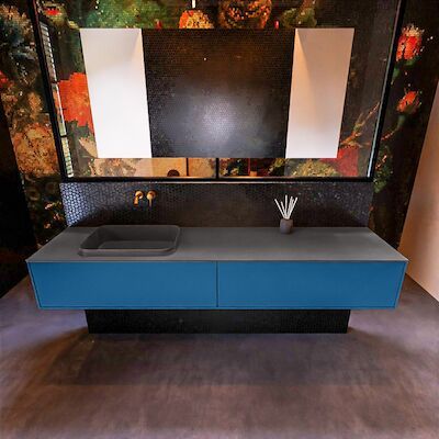Badkamermeubelset Mondiaz Erin 200 cm met 2 Lades met RIDGE Wastafel Links Dark grey Zonder Kraangaten Greeploos Mat Jeans