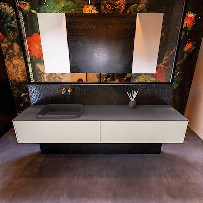 Badkamermeubelset Mondiaz Erin 200 cm met 2 Lades met RIDGE Wastafel Links Dark grey Zonder Kraangaten Greeploos Mat Linen
