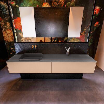 Badkamermeubelset Mondiaz Erin 200 cm met 2 Lades met RIDGE Wastafel Links Dark grey Zonder Kraangaten Greeploos Mat Rosee