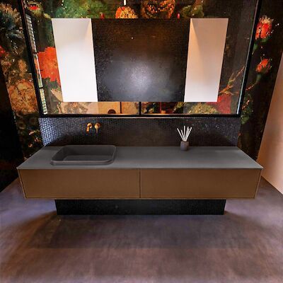 Badkamermeubelset Mondiaz Erin 200 cm met 2 Lades met RIDGE Wastafel Links Dark grey Zonder Kraangaten Greeploos Mat Rust