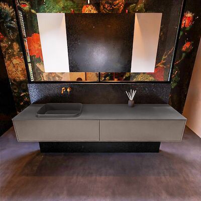 Badkamermeubelset Mondiaz Erin 200 cm met 2 Lades met RIDGE Wastafel Links Dark grey Zonder Kraangaten Greeploos Mat Smoke