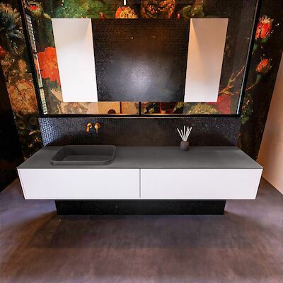 Badkamermeubelset Mondiaz Erin 200 cm met 2 Lades met RIDGE Wastafel Links Dark grey Zonder Kraangaten Greeploos Mat Talc