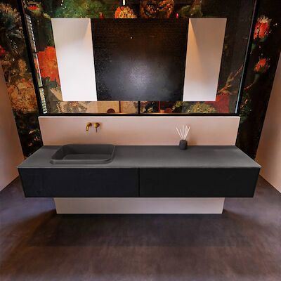 Badkamermeubelset Mondiaz Erin 200 cm met 2 Lades met RIDGE Wastafel Links Dark grey Zonder Kraangaten Greeploos Mat Urban