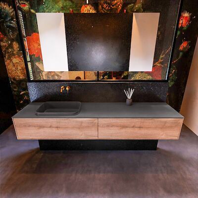 Badkamermeubelset Mondiaz Erin 200 cm met 2 Lades met RIDGE Wastafel Links Dark grey Zonder Kraangaten Greeploos Mat Washed Oak