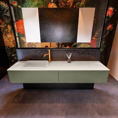 Badkamermeubelset Mondiaz Erin 200 cm met 2 Lades met RIDGE Wastafel Links Linen met 1 kraangat Greeploos Mat Army