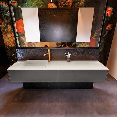 Badkamermeubelset Mondiaz Erin 200 cm met 2 Lades met RIDGE Wastafel Links Linen met 1 kraangat Greeploos Mat Dark Grey