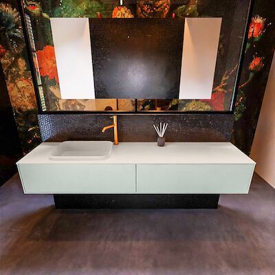 Badkamermeubelset Mondiaz Erin 200 cm met 2 Lades met RIDGE Wastafel Links Linen met 1 kraangat Greeploos Mat Greey