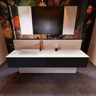 Badkamermeubelset Mondiaz Erin 200 cm met 2 Lades met RIDGE Wastafel Links Linen met 1 kraangat Greeploos Mat Urban