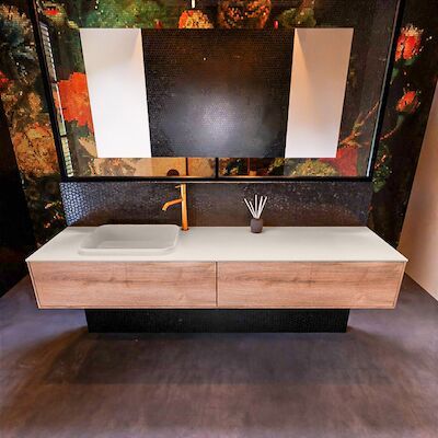 Badkamermeubelset Mondiaz Erin 200 cm met 2 Lades met RIDGE Wastafel Links Linen met 1 kraangat Greeploos Mat Washed Oak