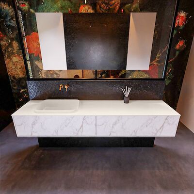 Badkamermeubelset Mondiaz Erin 200 cm met 2 Lades met RIDGE Wastafel Links Linen Zonder Kraangaten Greeploos Mat Carrara