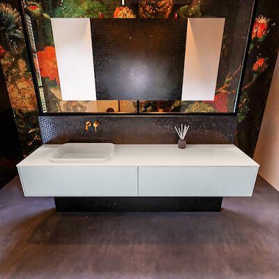 Badkamermeubelset Mondiaz Erin 200 cm met 2 Lades met RIDGE Wastafel Links Linen Zonder Kraangaten Greeploos Mat Clay