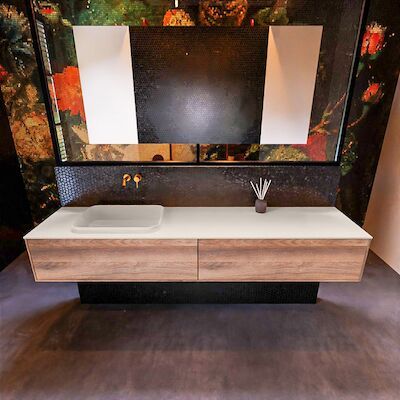 Badkamermeubelset Mondiaz Erin 200 cm met 2 Lades met RIDGE Wastafel Links Linen Zonder Kraangaten Greeploos Mat Dark Brown Grey