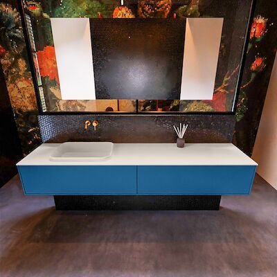 Badkamermeubelset Mondiaz Erin 200 cm met 2 Lades met RIDGE Wastafel Links Linen Zonder Kraangaten Greeploos Mat Jeans