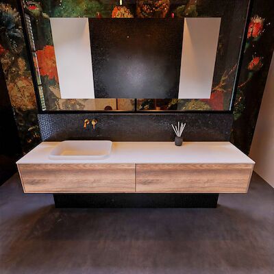 Badkamermeubelset Mondiaz Erin 200 cm met 2 Lades met RIDGE Wastafel Links Talc Zonder Kraangaten Greeploos Mat Dark Brown Grey