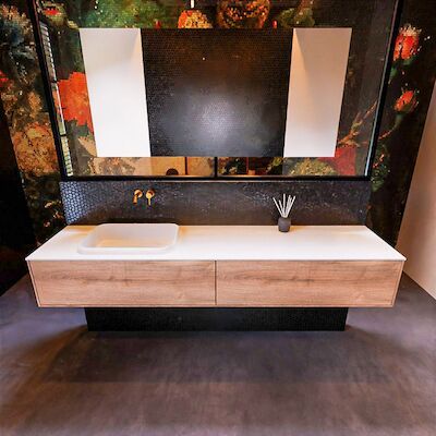 Badkamermeubelset Mondiaz Erin 200 cm met 2 Lades met RIDGE Wastafel Links Talc Zonder Kraangaten Greeploos Mat Washed Oak