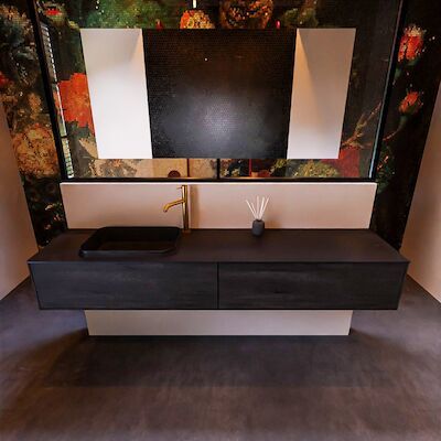 Badkamermeubelset Mondiaz Erin 200 cm met 2 Lades met RIDGE Wastafel Links Urban met 1 kraangat Greeploos Mat Dark Brown