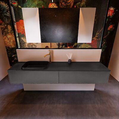 Badkamermeubelset Mondiaz Erin 200 cm met 2 Lades met RIDGE Wastafel Links Urban met 1 kraangat Greeploos Mat Dark Grey