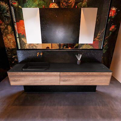 Badkamermeubelset Mondiaz Erin 200 cm met 2 Lades met RIDGE Wastafel Links Urban Zonder Kraangaten Greeploos Mat Dark Brown Grey