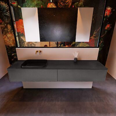 Badkamermeubelset Mondiaz Erin 200 cm met 2 Lades met RIDGE Wastafel Links Urban Zonder Kraangaten Greeploos Mat Dark Grey