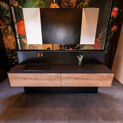Badkamermeubelset Mondiaz Erin 200 cm met 2 Lades met RIDGE Wastafel Links Urban Zonder Kraangaten Greeploos Mat Washed Oak