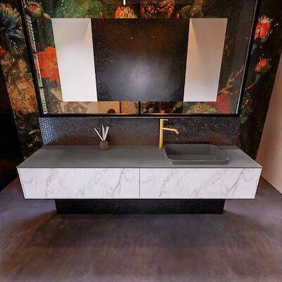 Badkamermeubelset Mondiaz Erin 200 cm met 2 Lades met RIDGE Wastafel Rechts Dark grey met 1 kraangat Greeploos Mat Carrara
