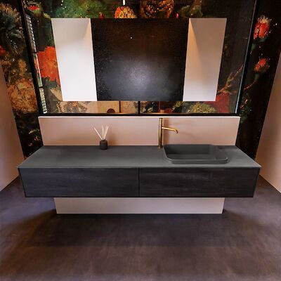 Badkamermeubelset Mondiaz Erin 200 cm met 2 Lades met RIDGE Wastafel Rechts Dark grey met 1 kraangat Greeploos Mat Dark Brown