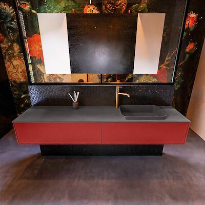 Badkamermeubelset Mondiaz Erin 200 cm met 2 Lades met RIDGE Wastafel Rechts Dark grey met 1 kraangat Greeploos Mat Fire