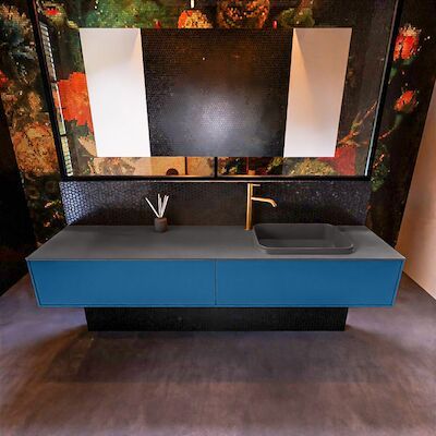 Badkamermeubelset Mondiaz Erin 200 cm met 2 Lades met RIDGE Wastafel Rechts Dark grey met 1 kraangat Greeploos Mat Jeans