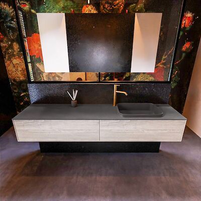 Badkamermeubelset Mondiaz Erin 200 cm met 2 Lades met RIDGE Wastafel Rechts Dark grey met 1 kraangat Greeploos Mat Light Brown Grey