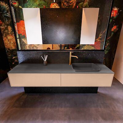 Badkamermeubelset Mondiaz Erin 200 cm met 2 Lades met RIDGE Wastafel Rechts Dark grey met 1 kraangat Greeploos Mat Rosee