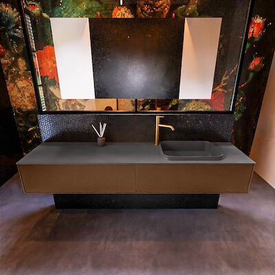 Badkamermeubelset Mondiaz Erin 200 cm met 2 Lades met RIDGE Wastafel Rechts Dark grey met 1 kraangat Greeploos Mat Rust