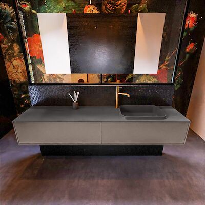 Badkamermeubelset Mondiaz Erin 200 cm met 2 Lades met RIDGE Wastafel Rechts Dark grey met 1 kraangat Greeploos Mat Smoke